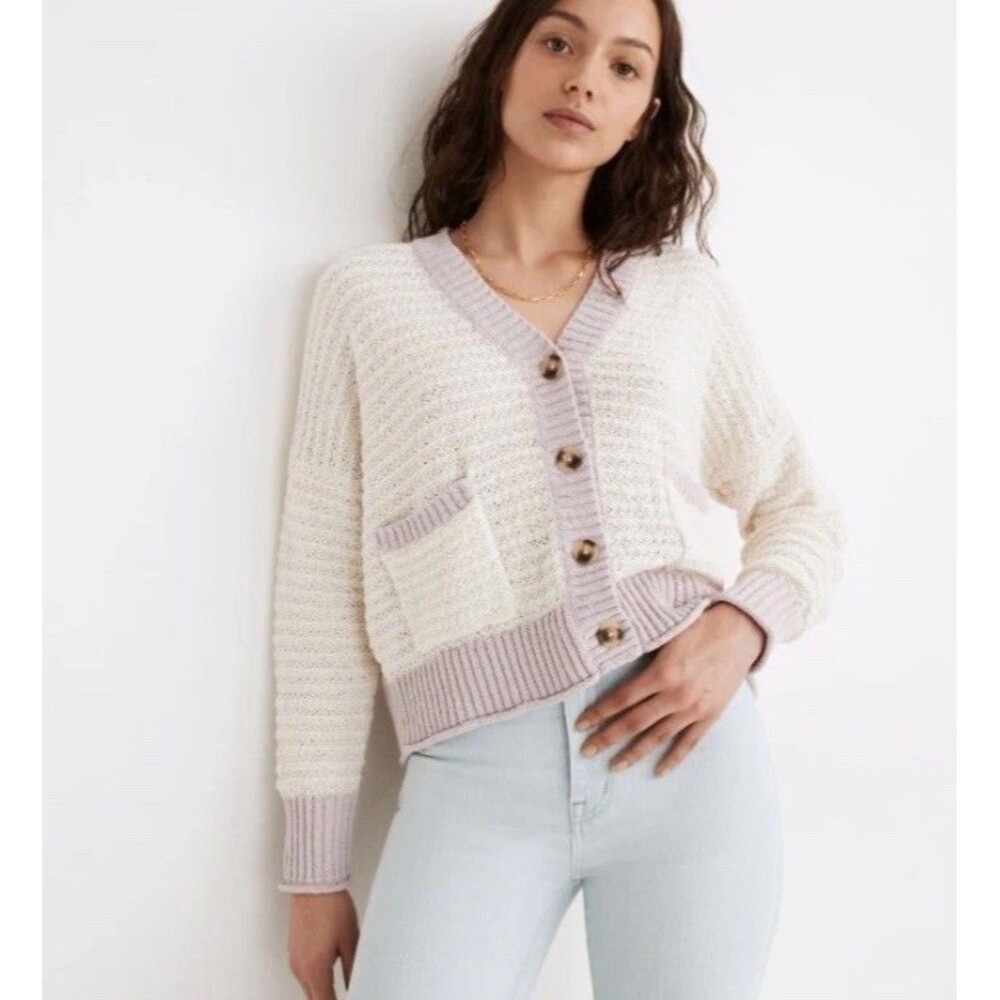 Madewell Oversized Crop  Cardigan Sweater  XS Cream Pale Lilac